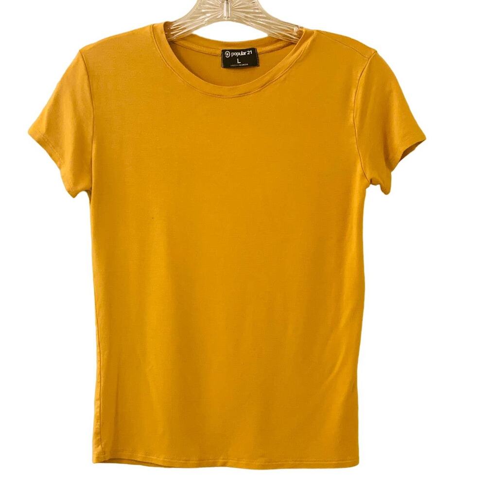 Popular 21 Women's Yellow Short Sleeve Crew Neck T-Shirt, Size Large